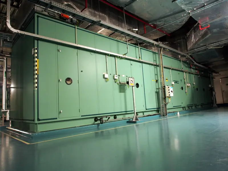 Large air handling unit with access panels in a commercial mechanical room