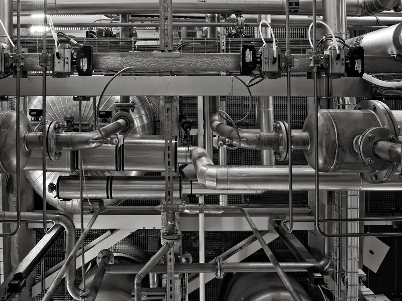 Insulated chilled water piping and valves in an industrial mechanical plant